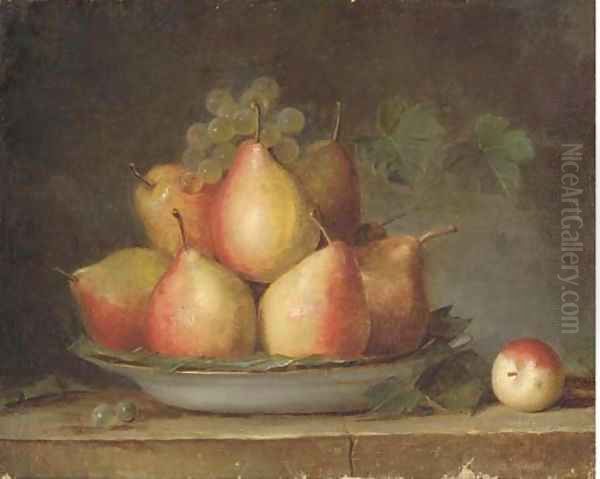 Pears and grapes on the vine in a dish on a ledge Oil Painting by French School