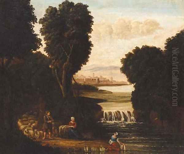 Peasants and sheep by a weir with a town beyond Oil Painting by French School