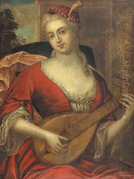 Portrait of a lady wearing a red dress with lace chemise and feathered red cap, playing the lute Oil Painting by French School