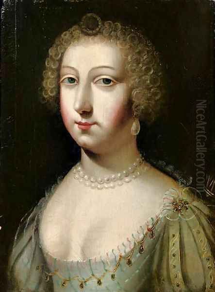 Portrait of a lady, bust-length, in a white dress, a string of pearls around her neck Oil Painting by French School