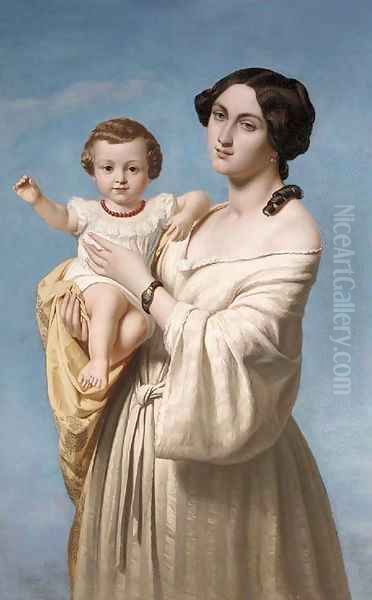 Portrait of a mother, standing, with her child in her arms Oil Painting by French School