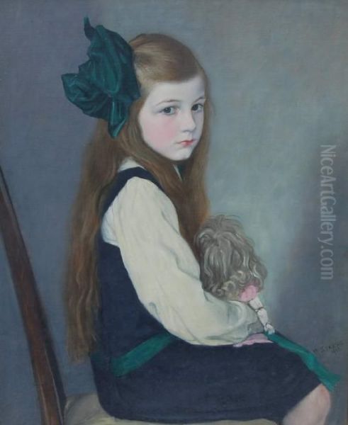 Portrait Of Miss Nancy Davis Holding A Doll Oil Painting by William Strang