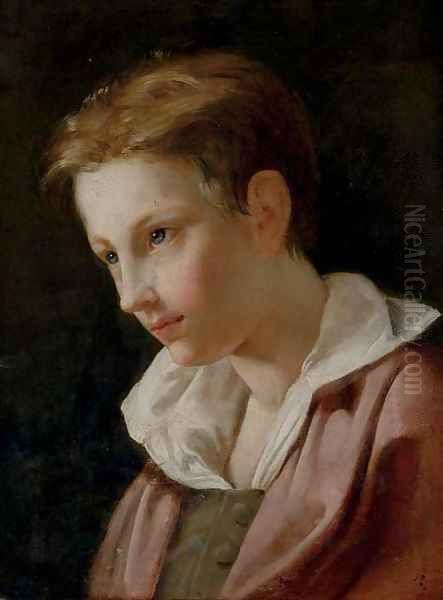 Portrait of a young boy, in a grey vest and red jacket Oil Painting by French School