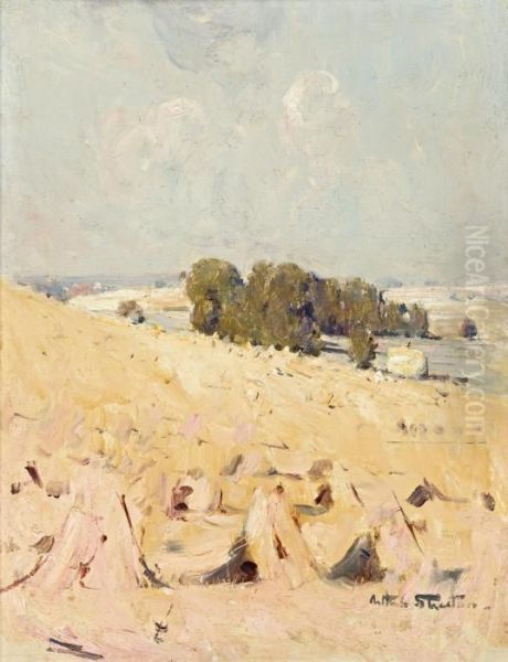 Hay Stooks, Sussex Oil Painting by Arthur Ernest Streeton