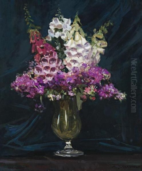 Foxgloves And Stocks Oil Painting by Arthur Ernest Streeton