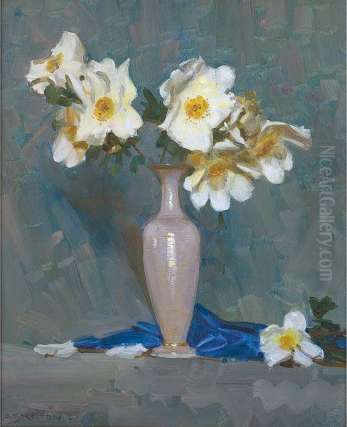 Roses In A Cream Vase Oil Painting by Arthur Ernest Streeton