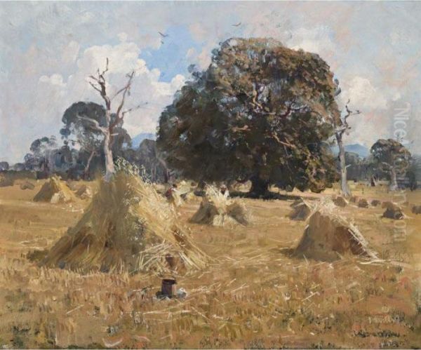 Oat Harvest Oil Painting by Arthur Ernest Streeton