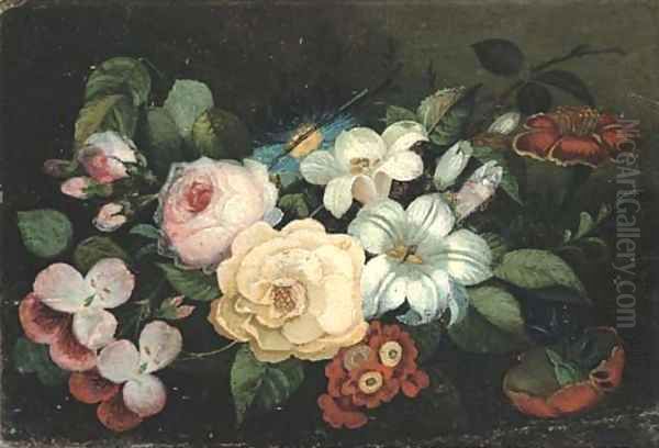 Roses, lilies, pinks, pansies and other flowers Oil Painting by French School