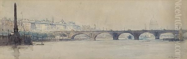 Waterloo Bridge From The Thames Looking East With Somerset House And St Paul's Beyond Oil Painting by Arthur Ernest Streeton