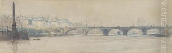 Waterloo Bridge From The Thames, Looking East, With Somerset House And St Paul's Beyond Oil Painting by Arthur Ernest Streeton