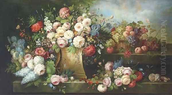 Summer flowers, a bird's nest, shells and a basket of fruit on a stone ledge Oil Painting by French School