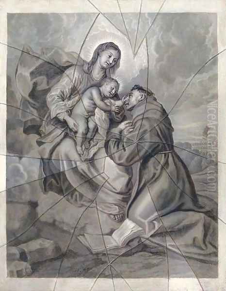 The Vision of Saint Antony a trompe l'oeil of an engraving under shattered glass Oil Painting by French School