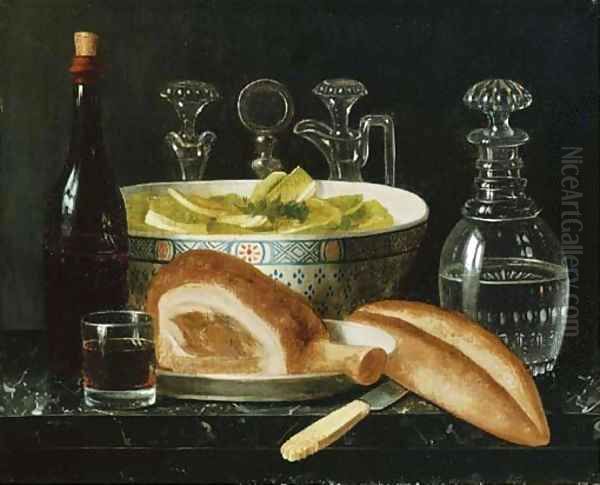 A bottle of wine, a glass Oil Painting by French School