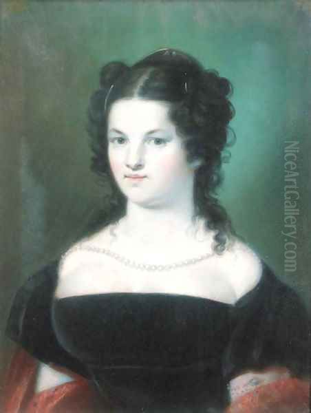 A portrait of a lady wearing a black dress and a string of pearls Oil Painting by French School