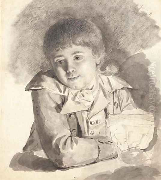 A seated boy holding a candle wrapped in paper Oil Painting by French School