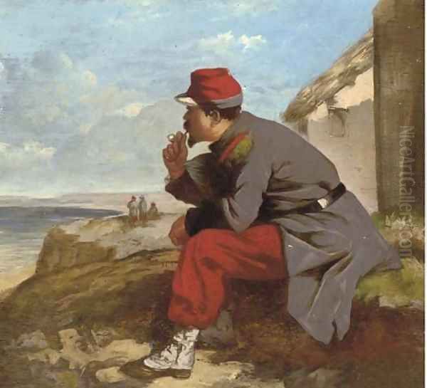 A soldier waiting for the boats to come in Oil Painting by French School