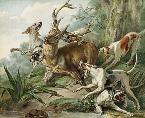 A stag attacked by hounds Oil Painting by French School