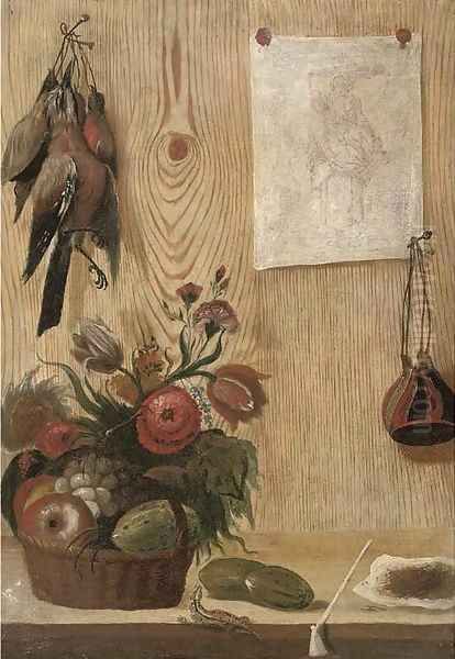 A trompe l'oeil of birds hanging from a nail and a drawing stuck to a woooden partition Oil Painting by French School