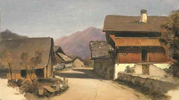 A village street in an Alpine landscape Oil Painting by French School