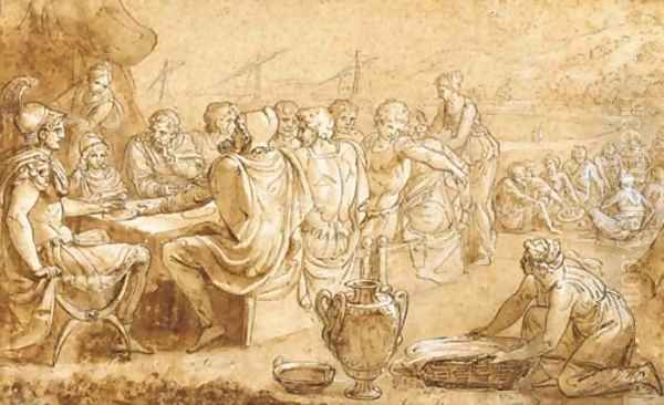 Aeneas and his followers seated around a table Oil Painting by French School