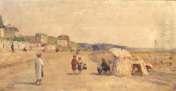 And Bathing Tents On A Beach Oil Painting by French School