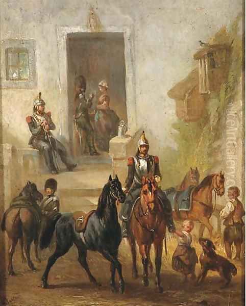 Cavalrists halting at a tavern Oil Painting by French School