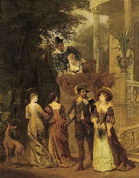 Elegant company conversing by a balcony Oil Painting by French School