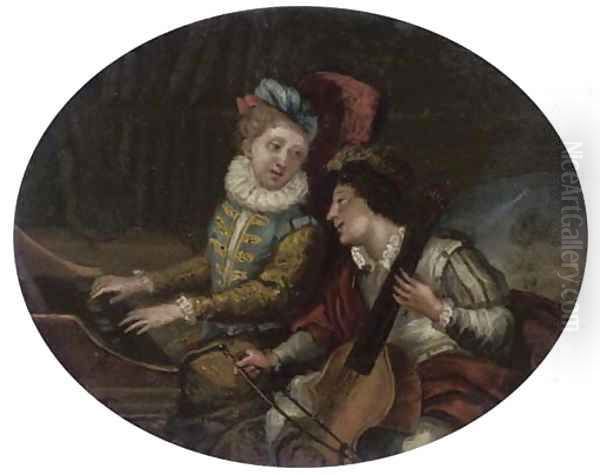 Elegant company playing a duet Oil Painting by French School