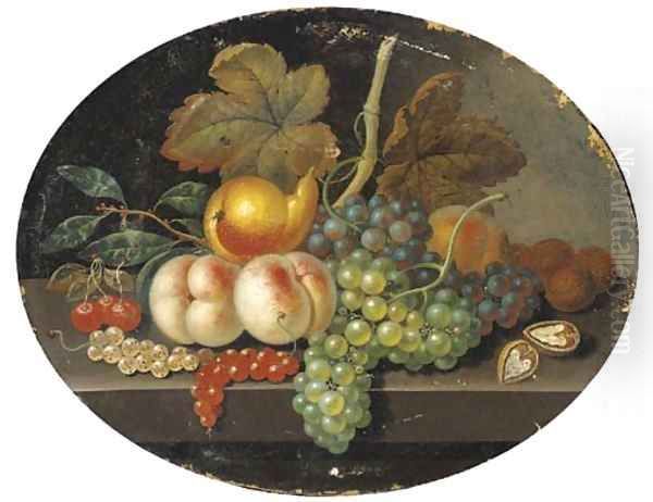 Grapes, peaches, a pear, walnuts, cherries and currants on a ledge Oil Painting by French School