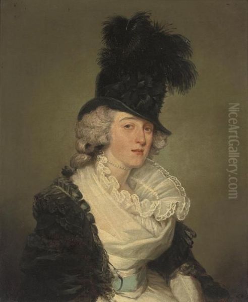 Portrait Of A Lady, 
Traditionally Identified As Lady Trent,half-length, In A White Dress 
With Blue Sash And A Black Lace Coat,with A Black Plumed Hat Oil Painting by Gilbert Stuart