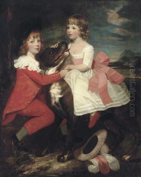 Portrait Of Two Children With A Dog Oil Painting by Gilbert Stuart