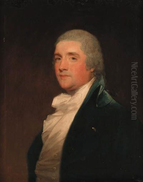 Portrait Of A Gentleman, Half-length, In A Blue Coat With A Whitecravat And Waistcoat Oil Painting by Gilbert Stuart