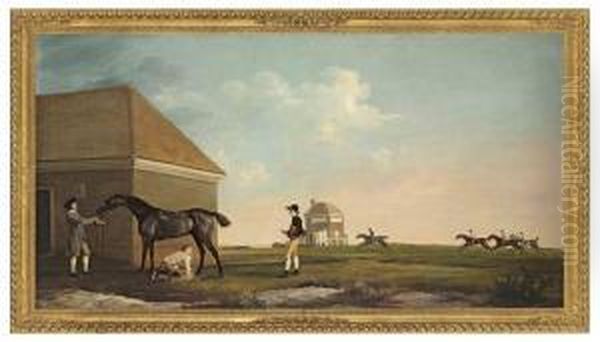 Gimcrack On Newmarket Heath, With A Trainer, Jockey And Stablelad Oil Painting by George Stubbs