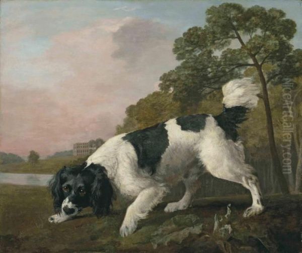 A Black And White Spaniel 
Following A Scent, In A Landscape With Alake And A Country House Beyond Oil Painting by George Stubbs