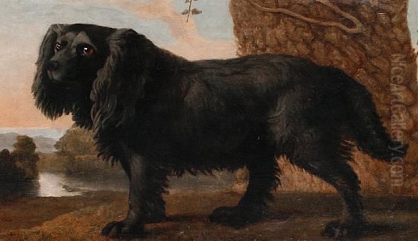 A Black Spaniel In A Landscape Oil Painting by George Stubbs