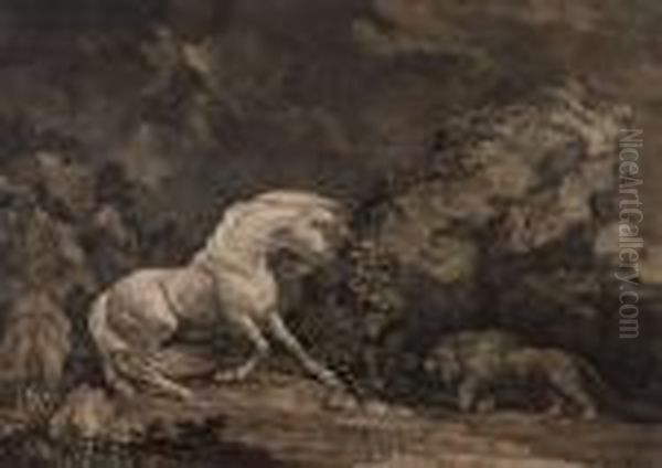 A Horseaffrightened By A Lion Oil Painting by George Stubbs