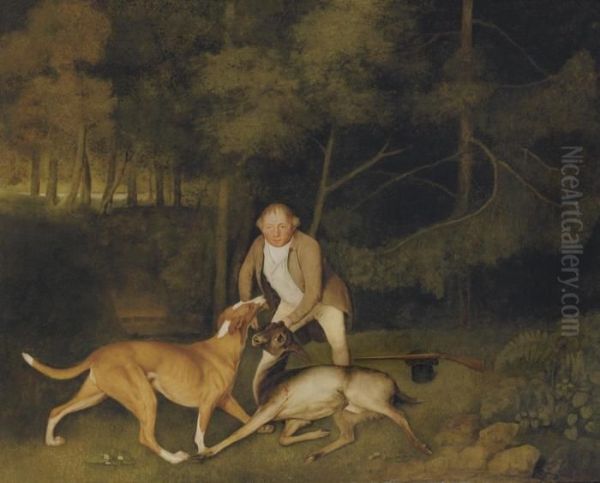 Thomas Freeman, Lord Clarendon's
 Gamekeeper, With A Dog And A Shotdoe In A Wooded River Landscape, His 
Gun And Hat Beside Him Oil Painting by George Stubbs