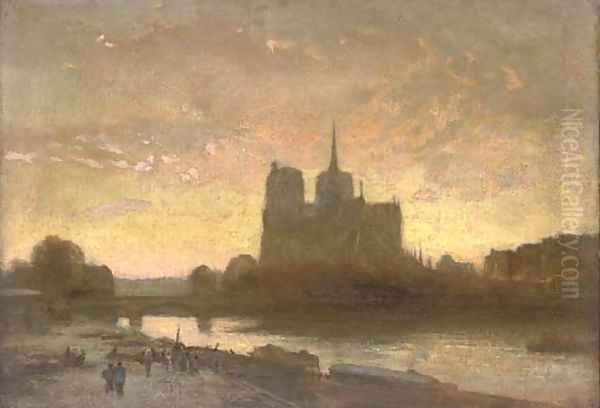 Notre Dame, Paris, at sunset Oil Painting by French School