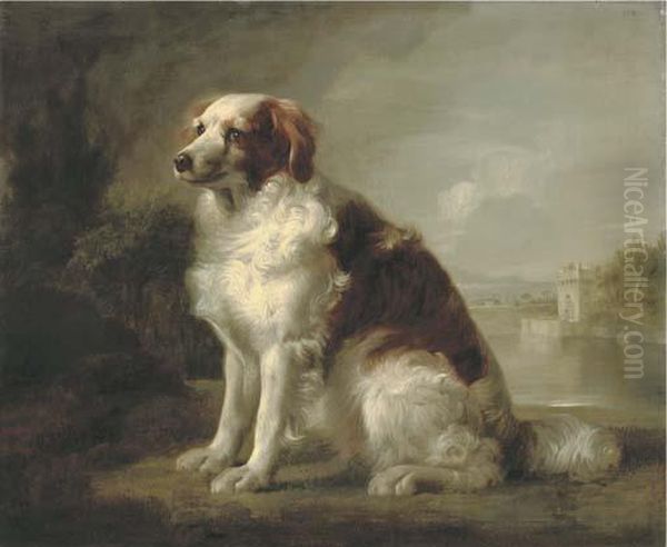 A Red And White Dog Oil Painting by George Stubbs