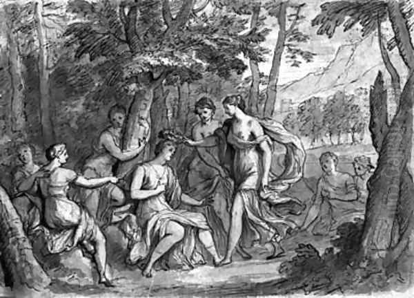 Nymphs crowning a seated female figure in a wood Oil Painting by French School