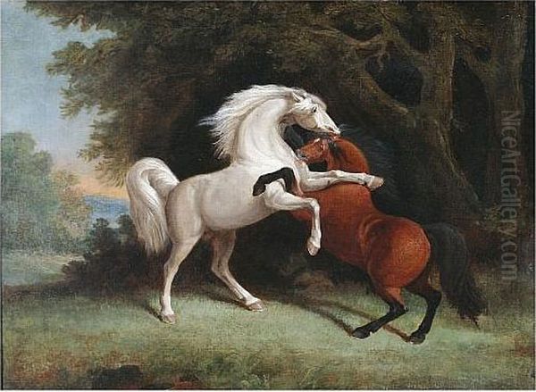 Two Horses Fighting In A Woodland Clearing Oil Painting by George Stubbs