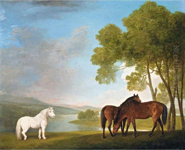 Two Bay Mares And A Grey Pony In A Landscape Oil Painting by George Stubbs