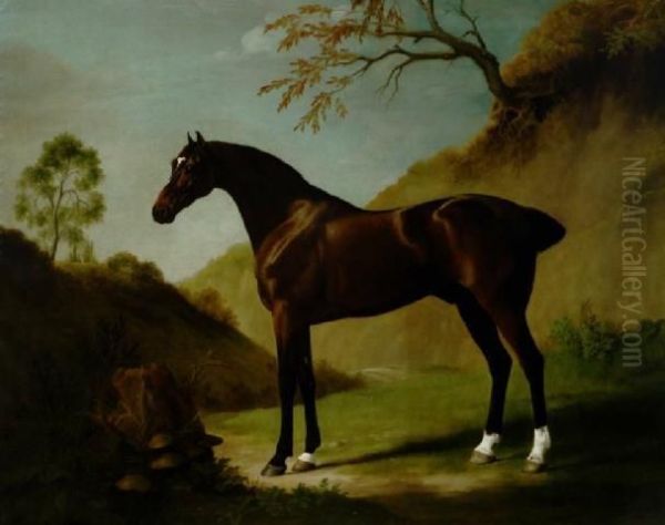 Dark Bay Thoroughbred In A Landscape Oil Painting by George Stubbs