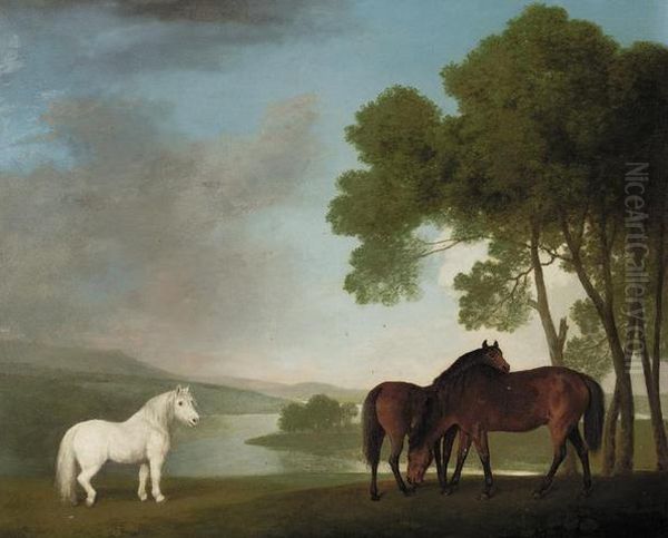 Two Bay Mares And A Grey Pony In A Landscape Oil Painting by George Stubbs