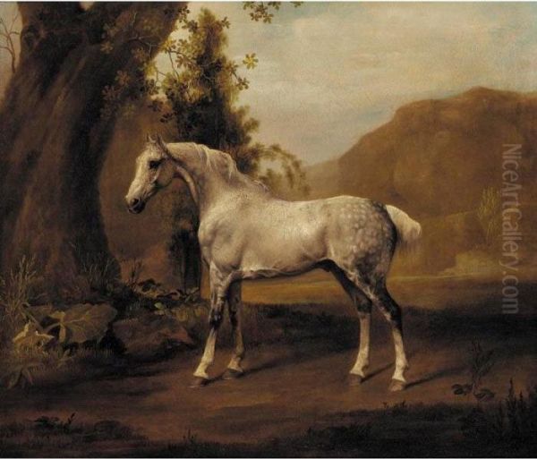 A Grey Stallion In A Landscape Oil Painting by George Stubbs