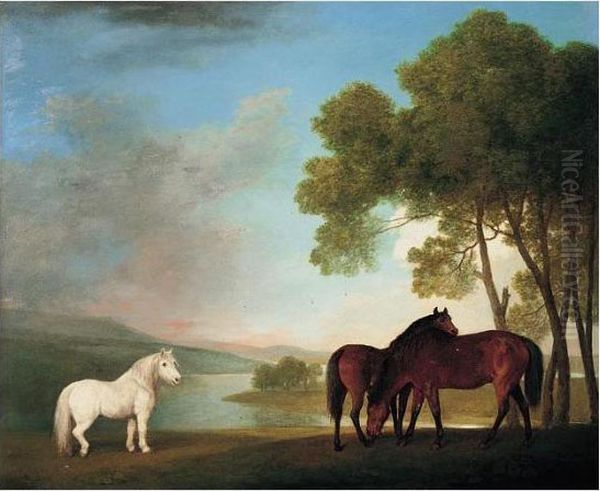 Two Mares And A Pony In A River Landscape Oil Painting by George Stubbs