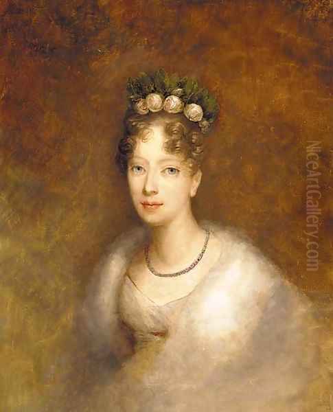 Portrait of a lady, bust length with Roses in her hair Oil Painting by French School