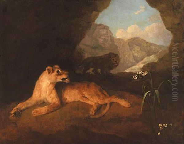 A Lion And Lioness In A Cave Oil Painting by George Stubbs