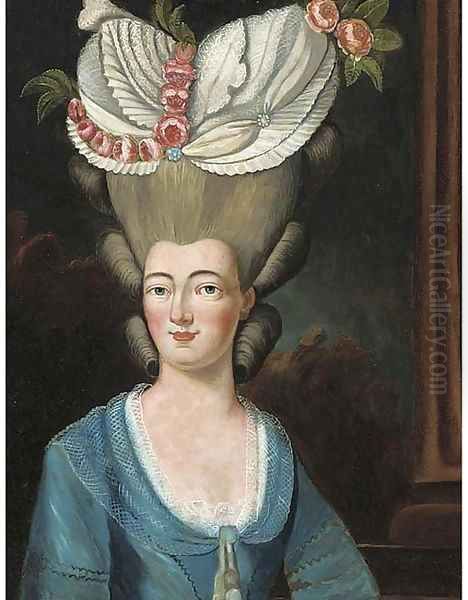 Portrait of a lady, bust-length, in an elaborate floral headress Oil Painting by French School