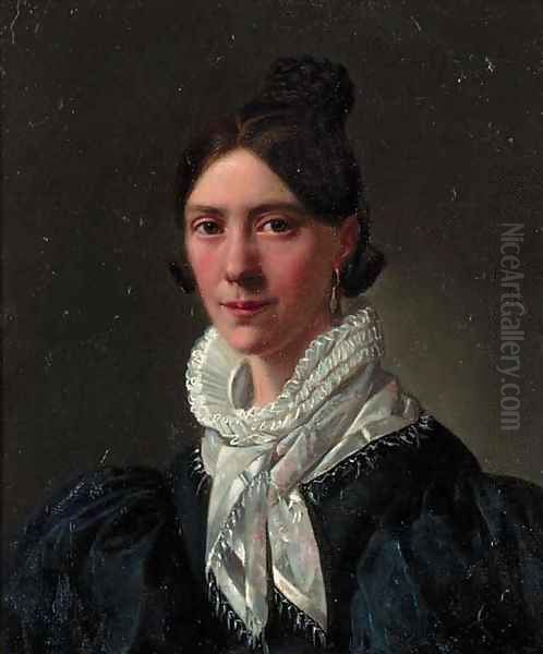 Portrait of a lady, bust-length, wearing a black dress with white lace collar Oil Painting by French School